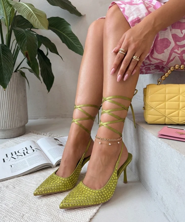 Zielone Szpilki Z Odkrytą Pięta Zdobione Cyrkoniami Edith