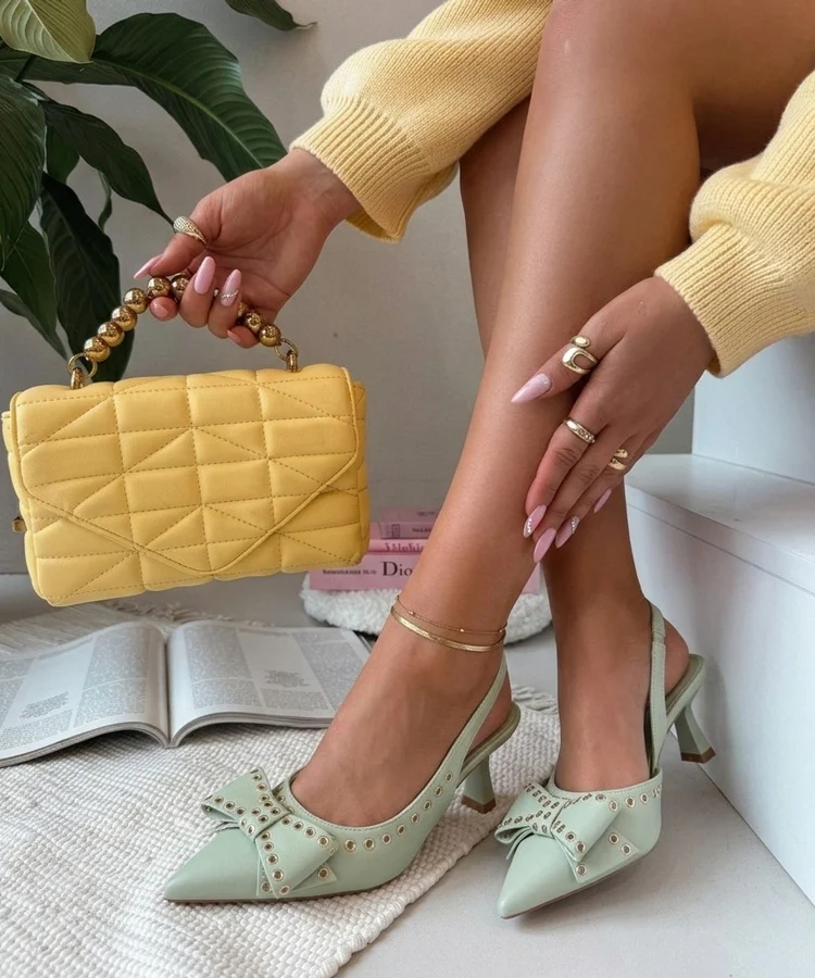 Zielone Szpilki Z Odkrytą Pięta Zdobione Kokardą Evangeline