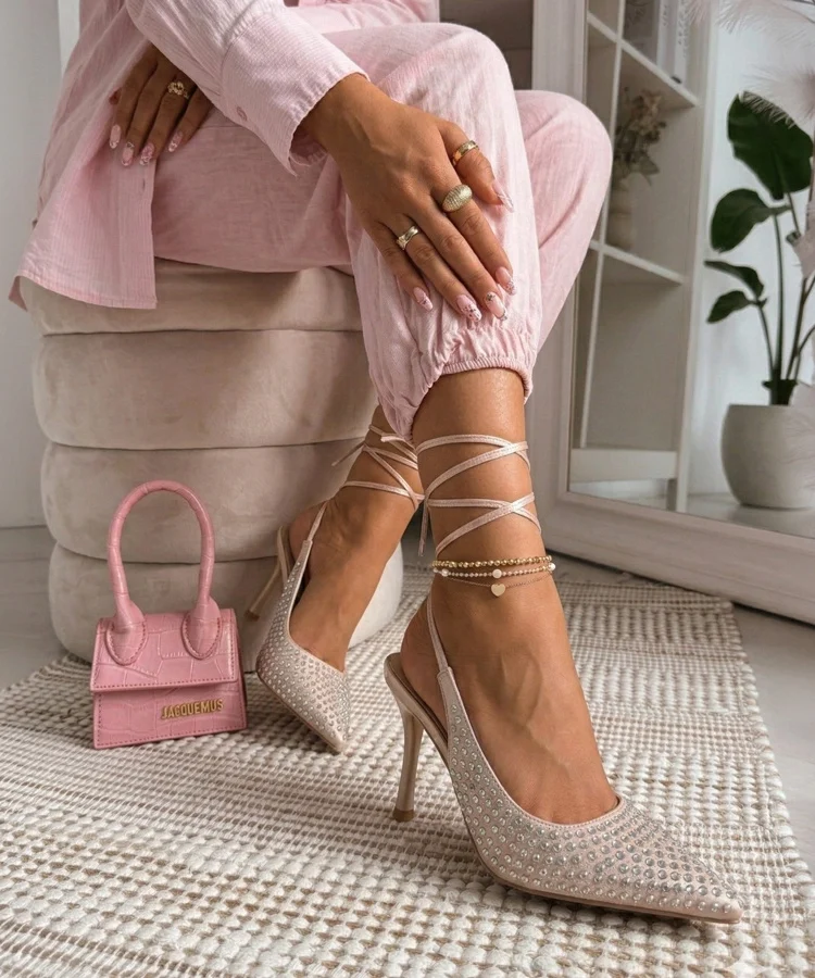 Beżowe Szpilki Z Odkrytą Pięta Zdobione Cyrkoniami Edith