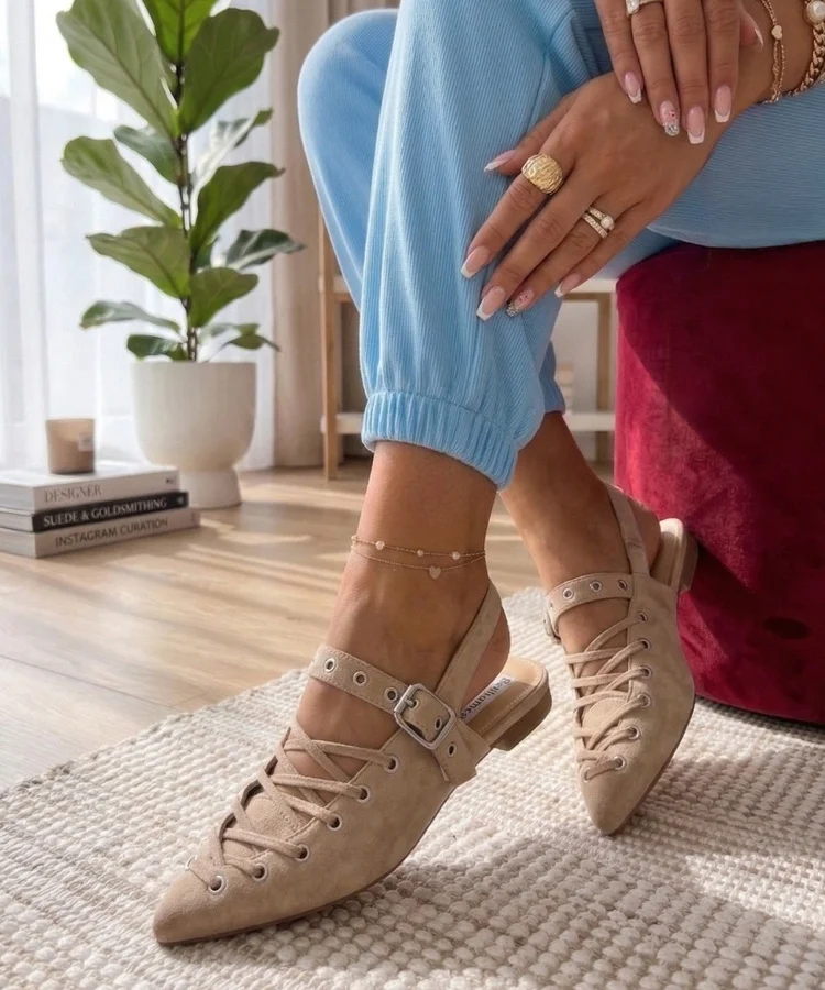 Beżowe Balerinki Z Odkrytą Piętą Zdobione Wiązaniem Seraphina