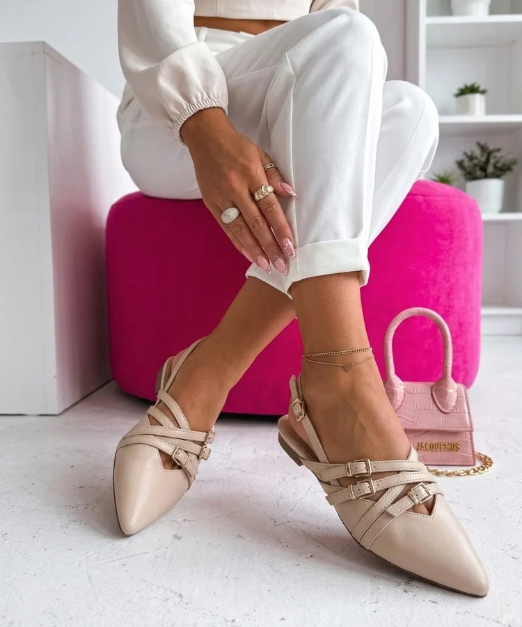 Beżowe Balerinki Z Odkrytą Piętą Zdobione Paseczkami Theodora