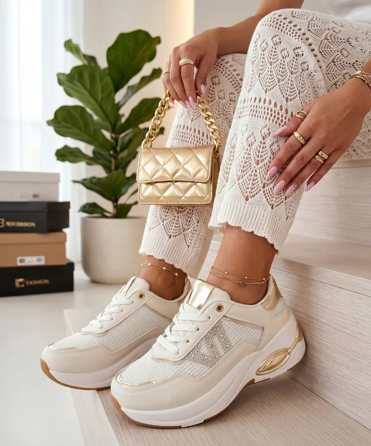 Beżowe Sneakersy Na Platformie Z Cyrkoniami Rafaela