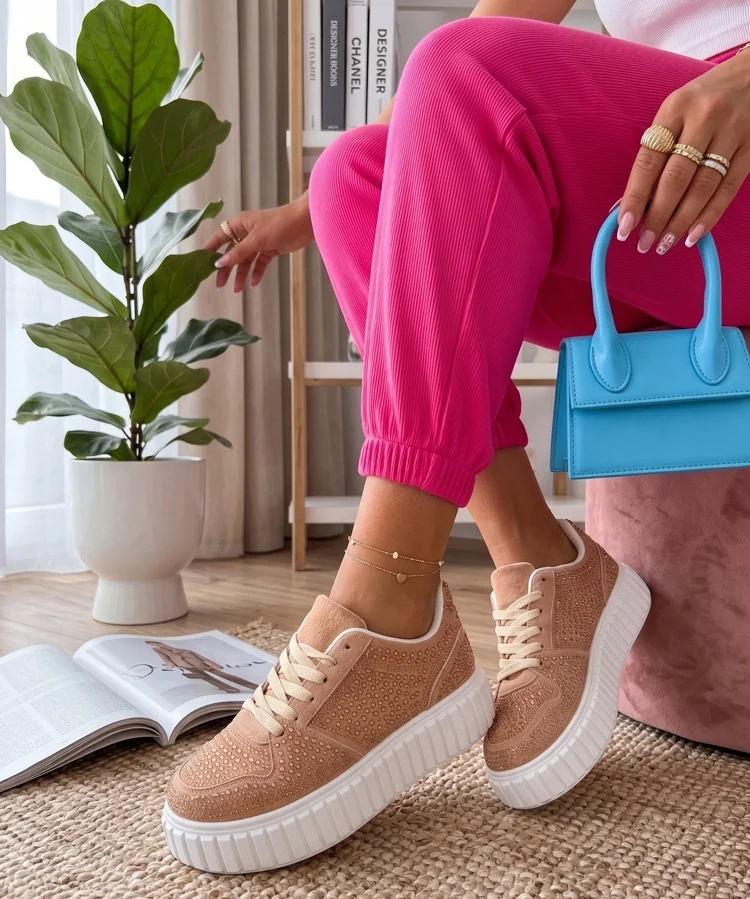 Beżowe Sneakersy Na Platformie Z Cyrkoniami Aurora