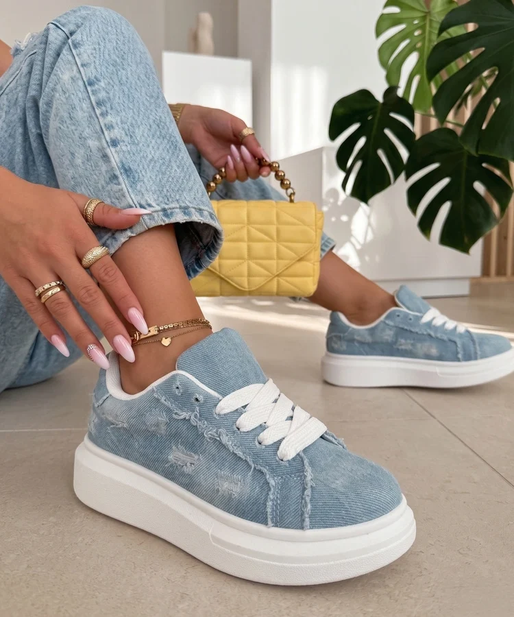 Niebieskie Sneakersy na Platformie Z Efektem Jeansu Eliana