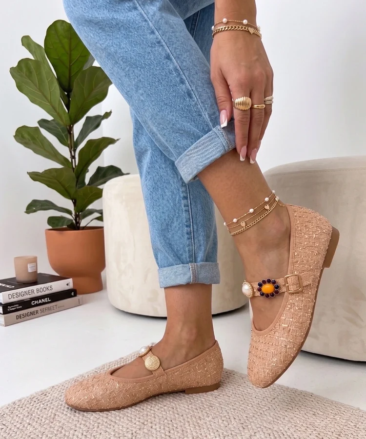 Beżowe Balerinki Z Ozdobnym Paskiem Chantal