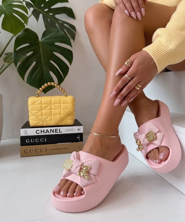 Różowe Klapki Na Platformie Z Kokardą Imogen